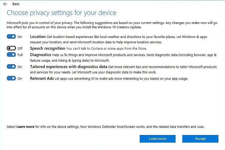 Creators Update Privacy Choices